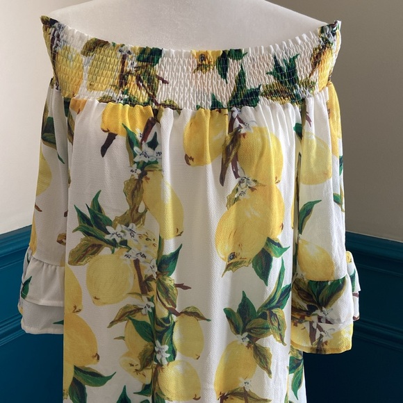 Sale 2/$15* Beautiful lemon print dress or swim cover, on/off shoulder, size M. - Picture 5 of 11